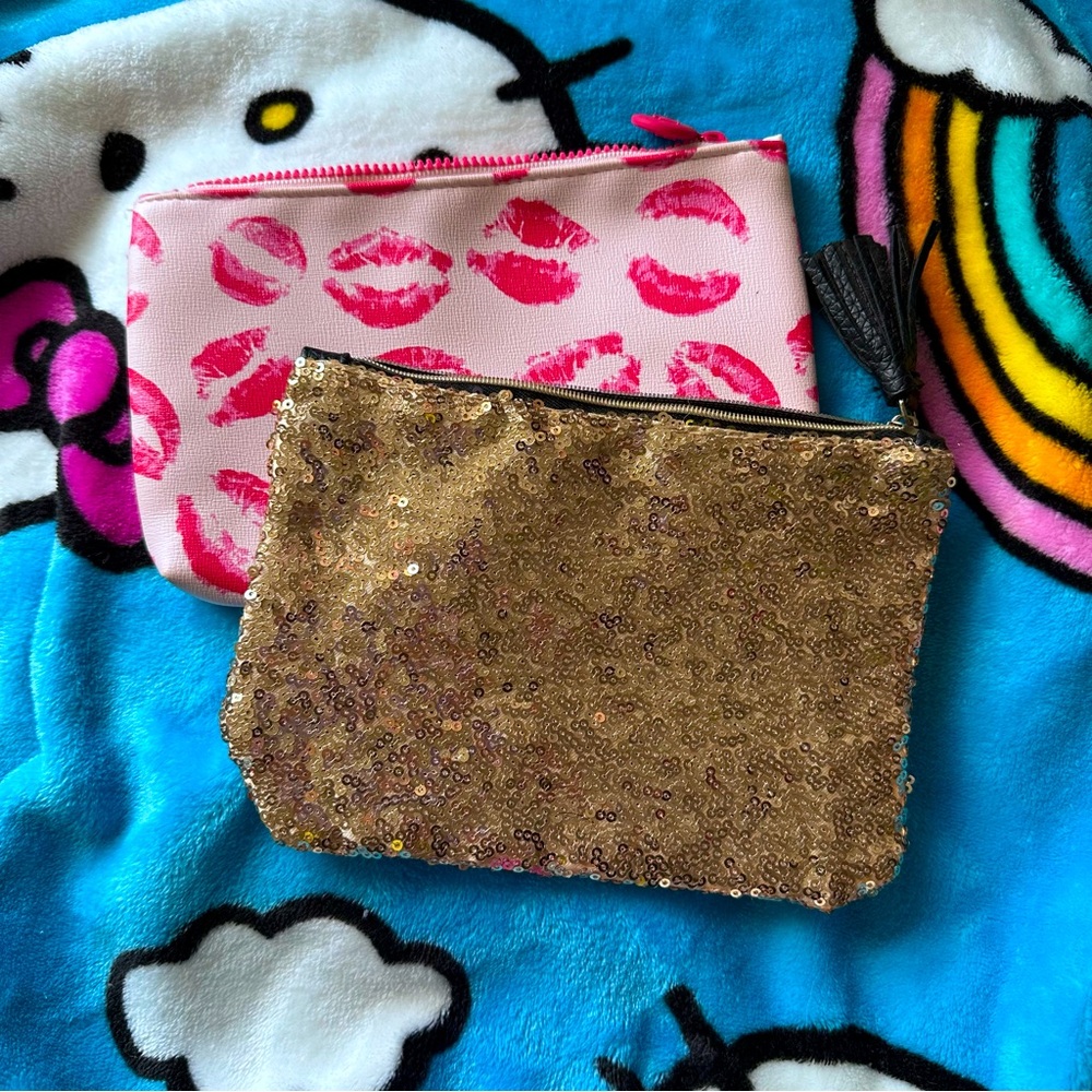 ipsy Pink Lip Print and Gold Sequin Cosmetic Bags Bundle #1